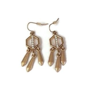 Dainty Gold Tone‎ Rhinestone Dangle Hexagonal Earrings